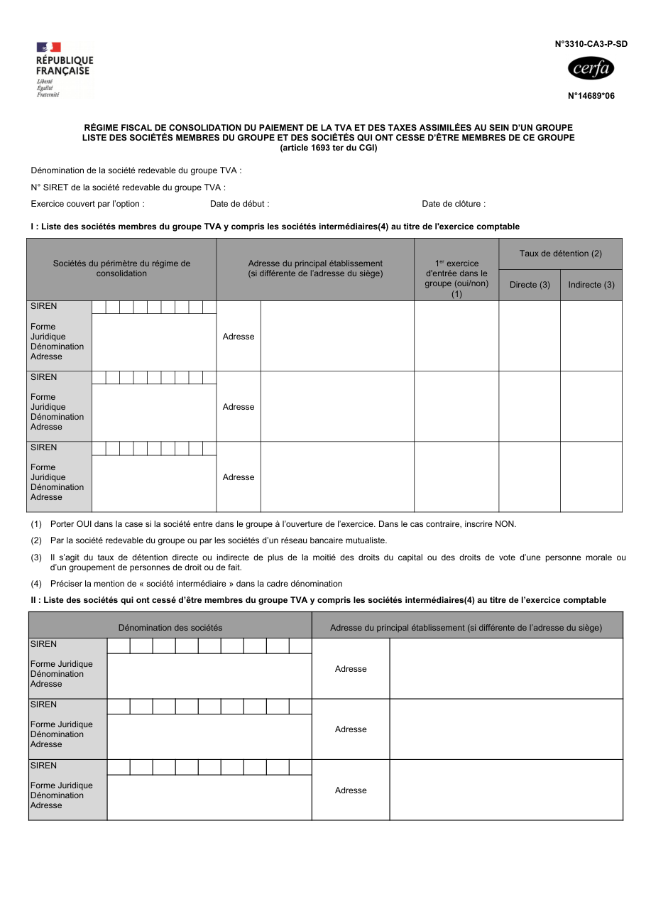 Page 1 du formulaire impots.gouv.fr n° 3310-CA3-P-SD — Déclarer la liste des sociétés d'un groupe TVA consolidé