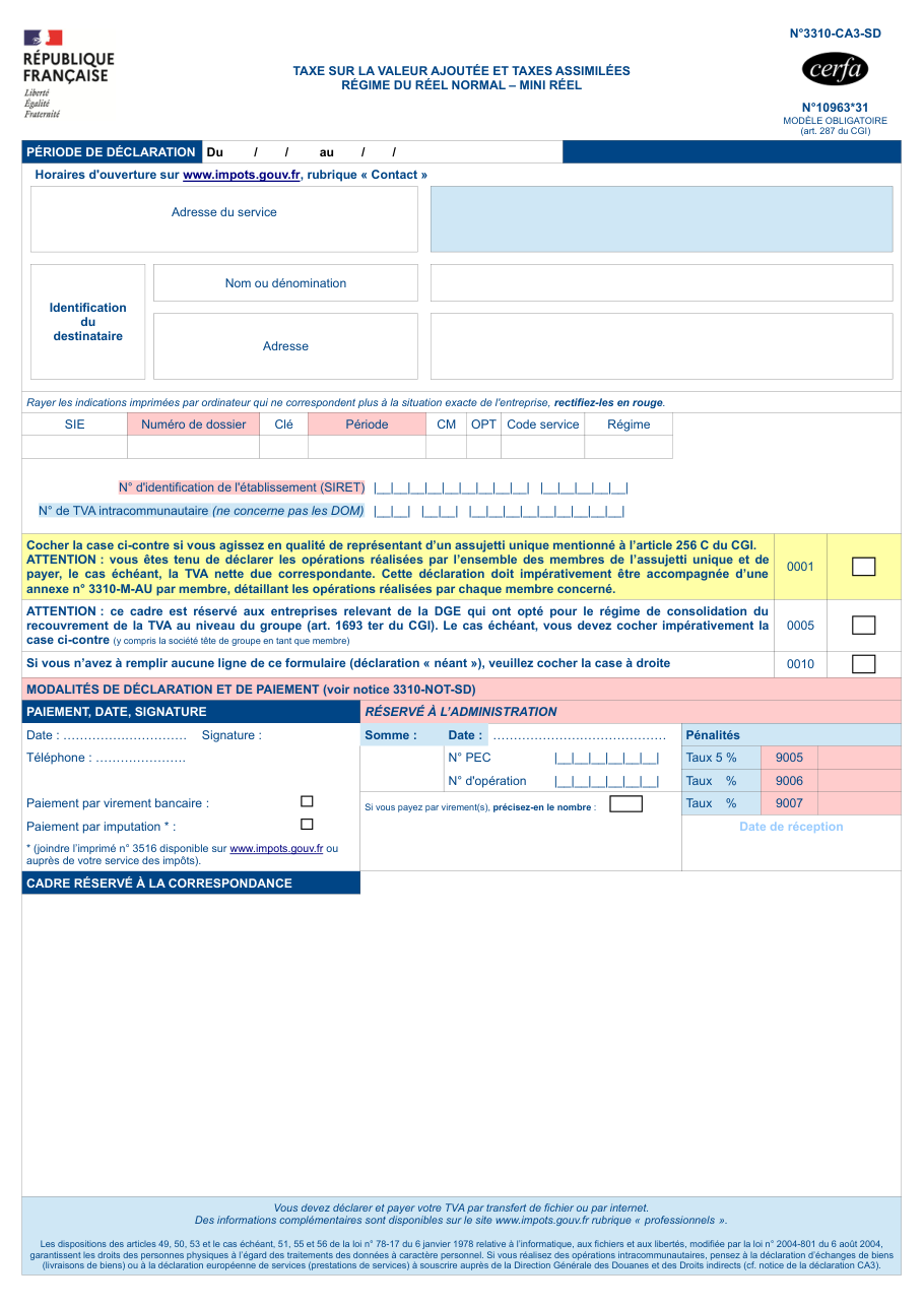 Page 1 du formulaire impots.gouv.fr n° 3310-CA3-SD — Déclarer la TVA au régime du réel normal (CA3)