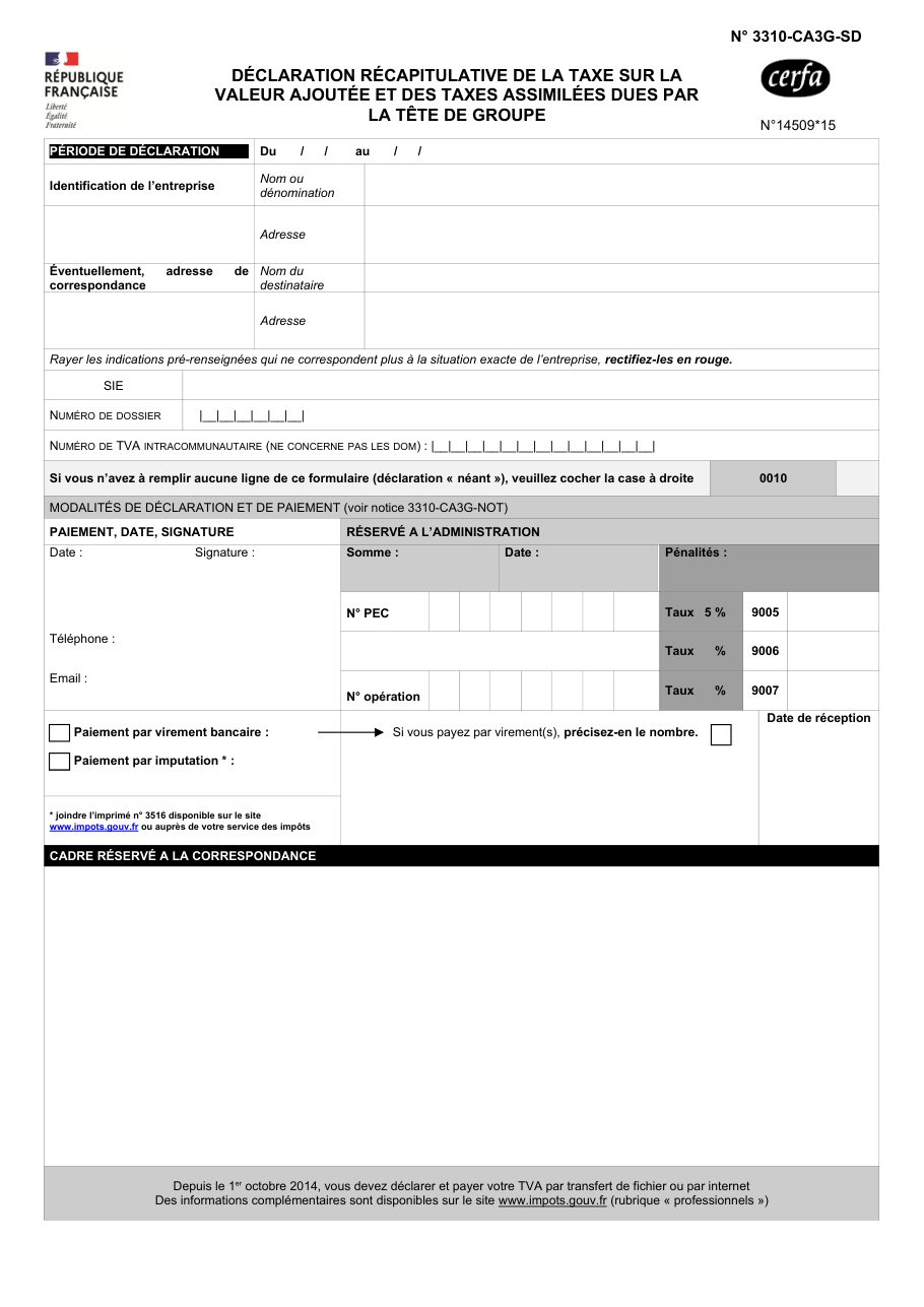 Page 1 du formulaire impots.gouv.fr n° 3310-CA3G-SD — Déclarer la TVA consolidée d'un groupe comme tête de groupe