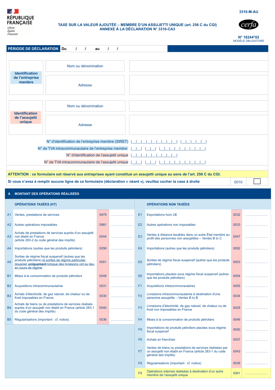 Page 1 du formulaire impots.gouv.fr n° 3310-M-AU-SD — Déclarer la TVA d'un membre d'assujetti unique
