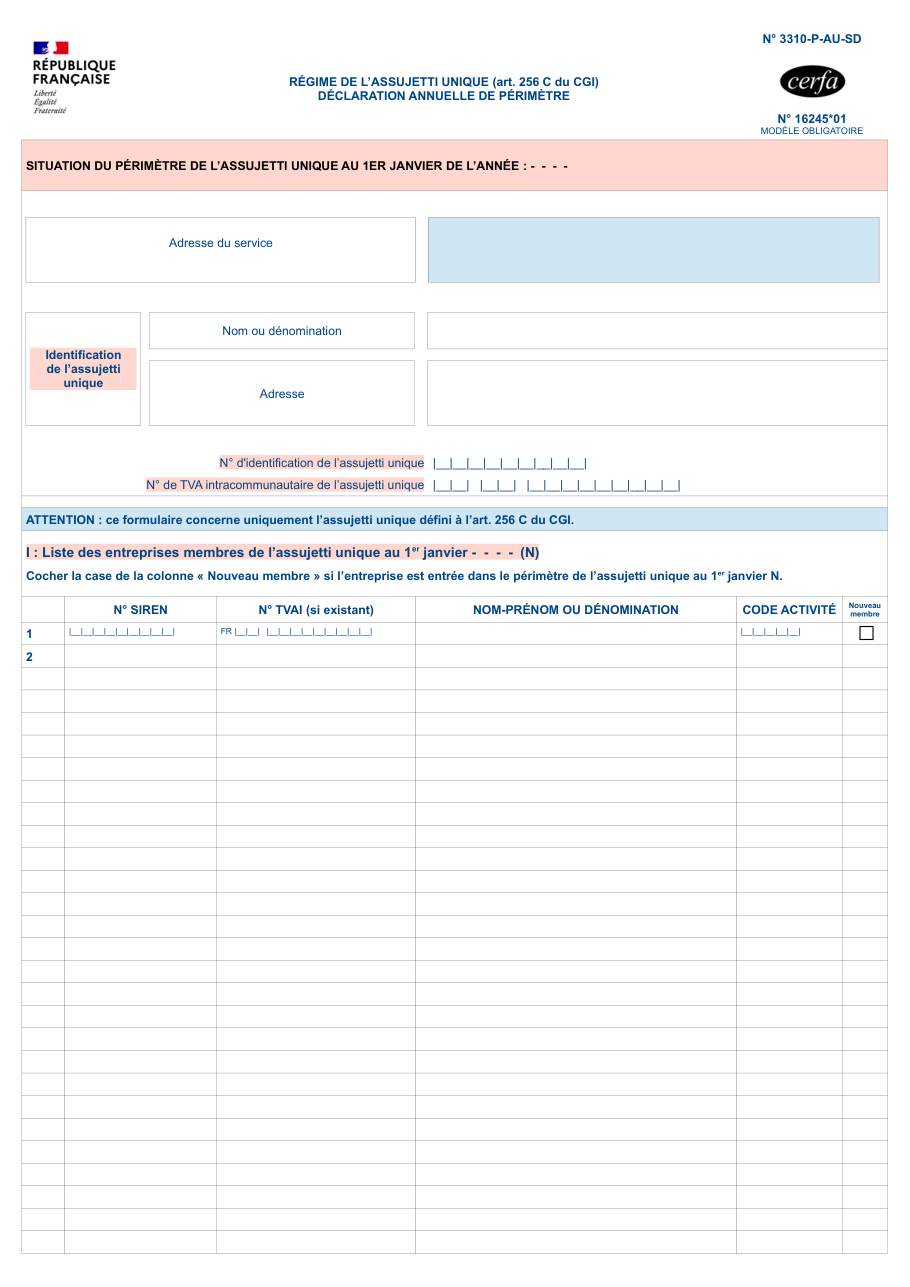 Page 1 du formulaire impots.gouv.fr n° 3310-P-AU-SD — Déclarer chaque année le périmètre de l'assujetti unique à la TVA