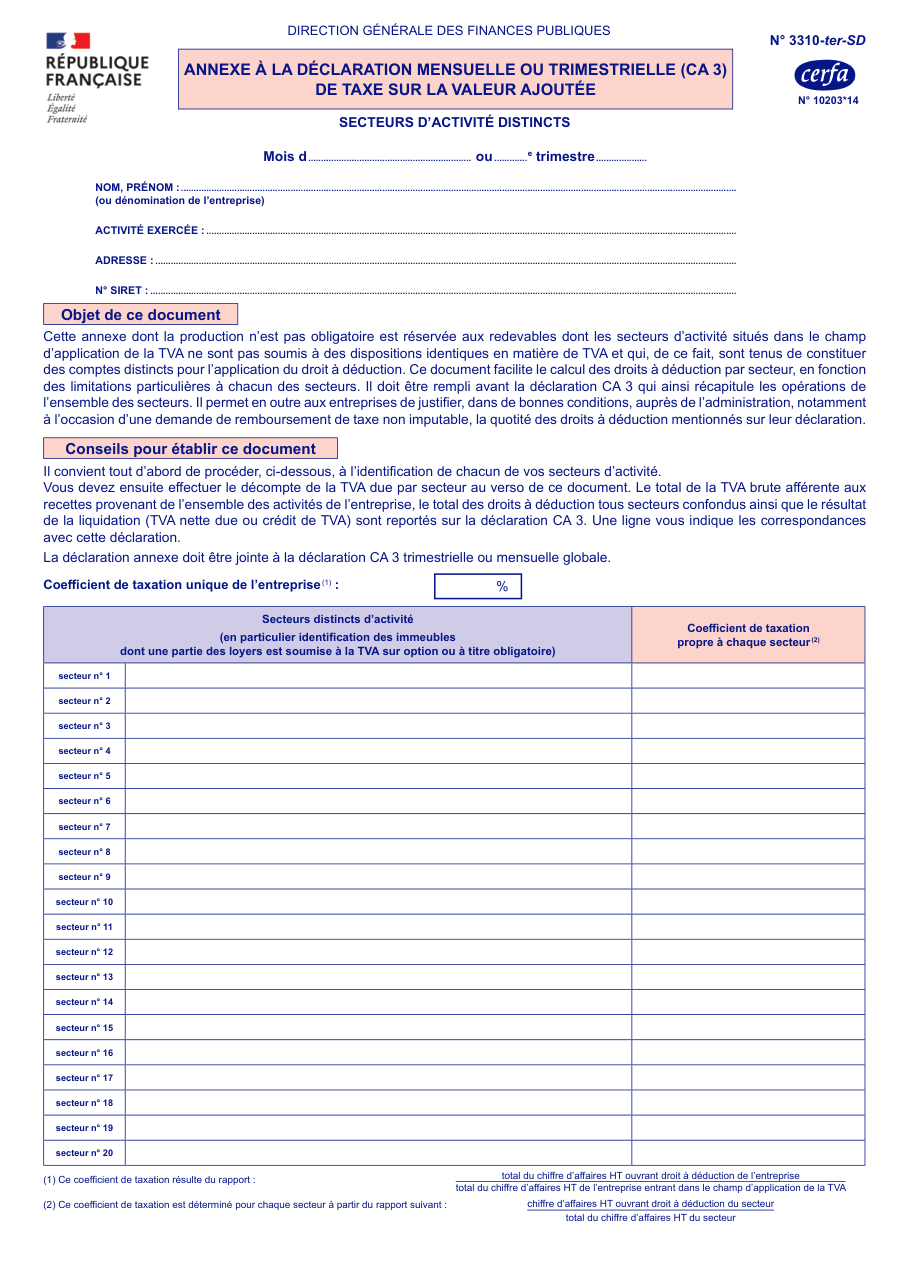 Page 1 du formulaire impots.gouv.fr n° 3310-TER-SD — Ventiler sa TVA par secteur d'activité distinct