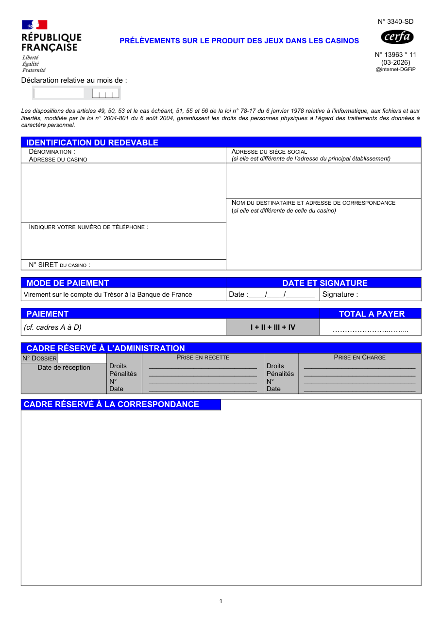Page 1 du formulaire impots.gouv.fr n° 3340-SD — Déclarer les prélèvements sur le produit des jeux d'un casino