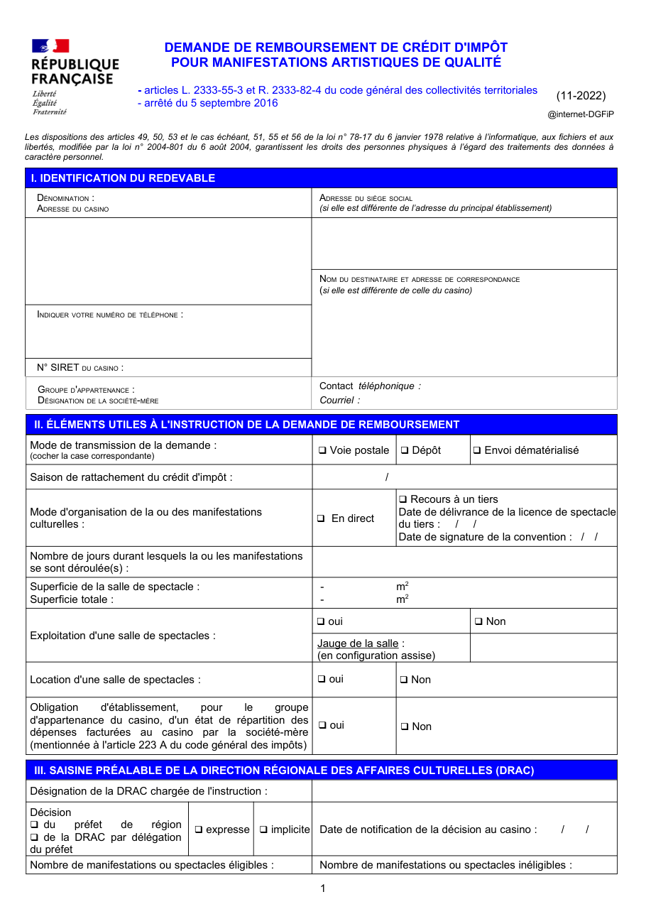 Page 1 du formulaire impots.gouv.fr n° 3344-SD — Demander le remboursement du crédit d'impôt pour manifestations artistiques de qualité