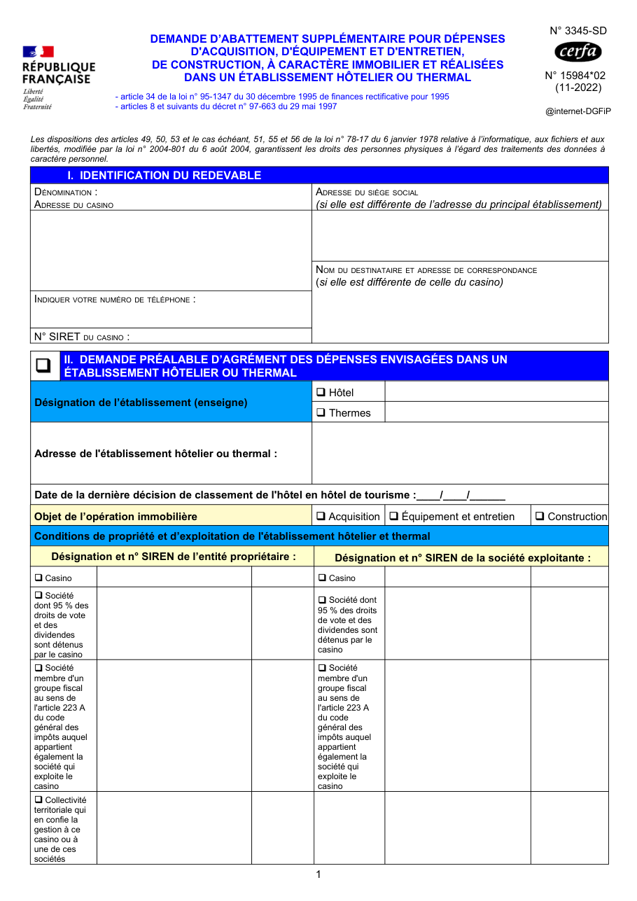 Page 1 du formulaire impots.gouv.fr n° 3345-SD — Demander l'abattement supplémentaire pour des travaux dans un hôtel ou un établissement thermal