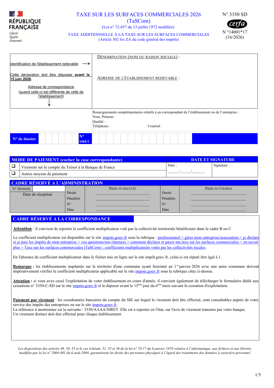 Page 1 du formulaire impots.gouv.fr n° 3350-SD — Déclarer et payer la taxe sur les surfaces commerciales