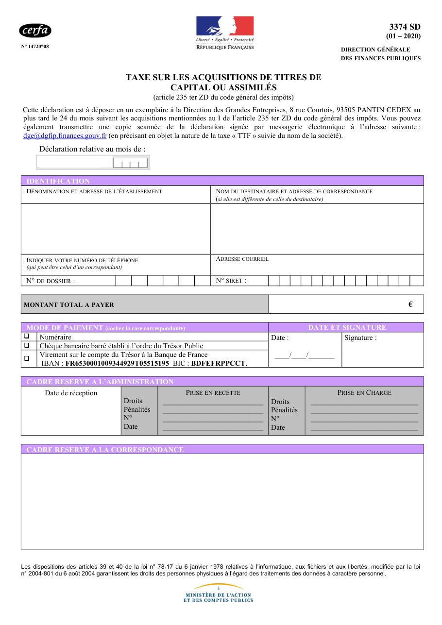 Page 1 du formulaire impots.gouv.fr n° 3374-SD — Déclarer la taxe sur les acquisitions de titres de capital