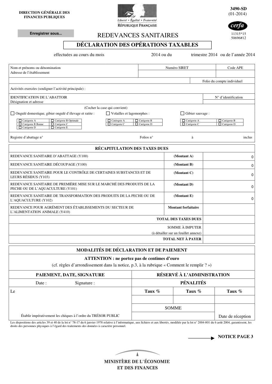 Page 1 du formulaire impots.gouv.fr n° 3490-SD — Déclarer et payer les redevances sanitaires