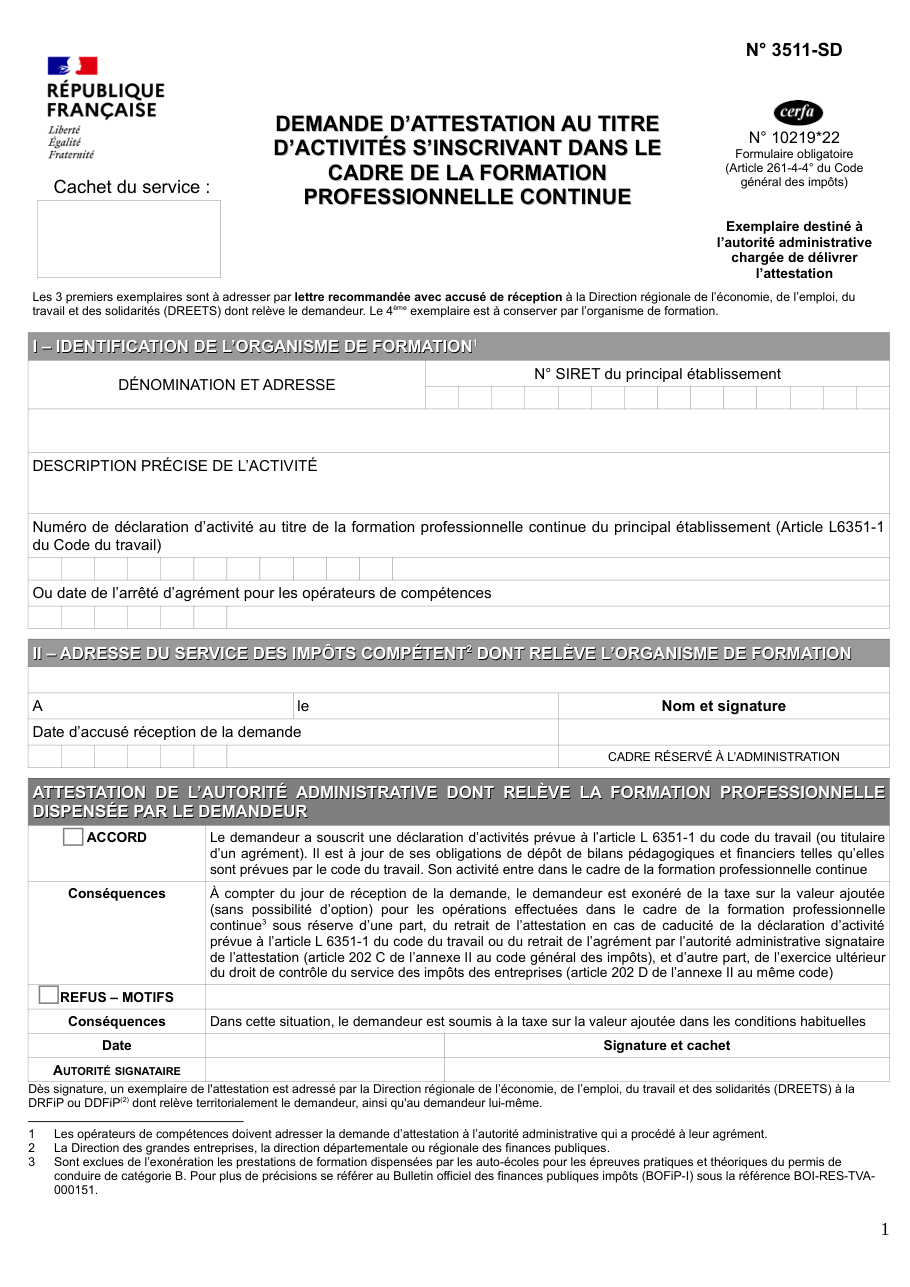 Page 1 du formulaire impots.gouv.fr n° 3511-SD — Faire attester ses activités de formation professionnelle continue