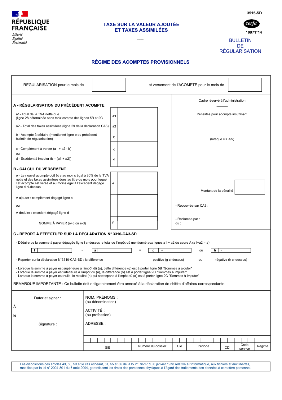Page 1 du formulaire impots.gouv.fr n° 3515-SD — Régulariser un acompte de TVA au régime des acomptes provisionnels