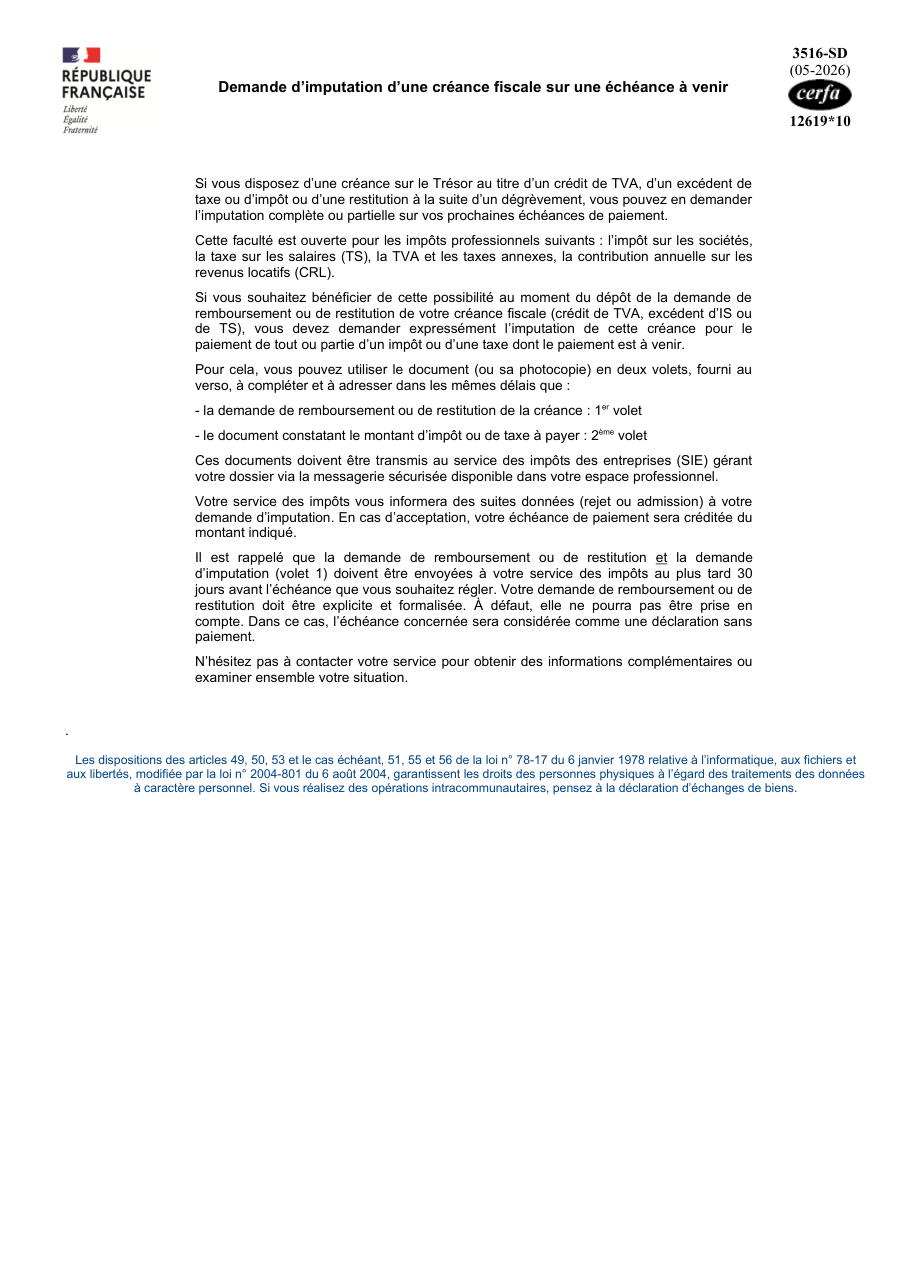 Page 1 du formulaire impots.gouv.fr n° 3516-SD — Demander l'imputation d'une créance fiscale sur une échéance à venir