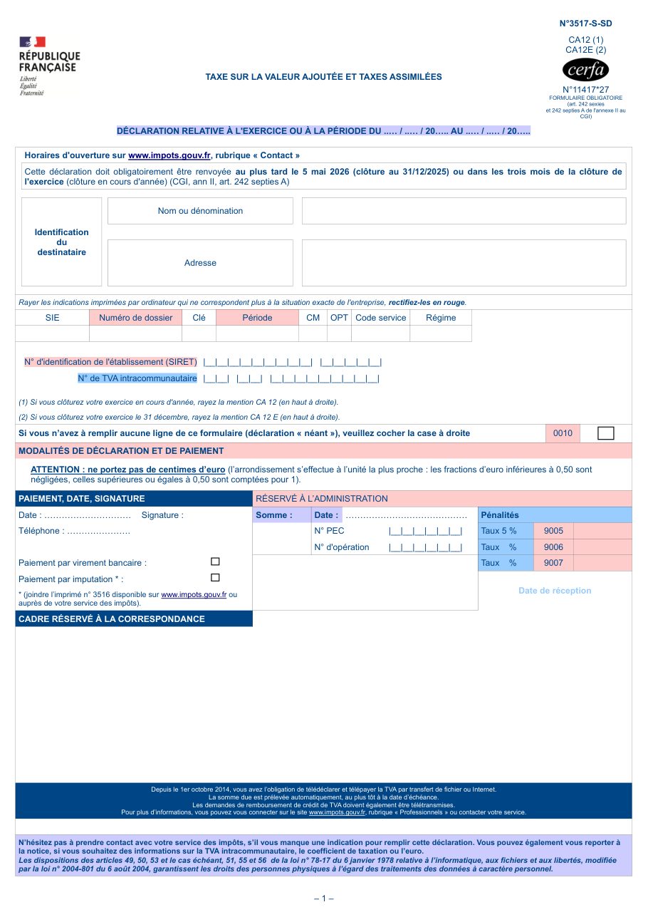 Page 1 du formulaire impots.gouv.fr n° 3517-S-SD — Déclarer la TVA au régime simplifié (CA12)