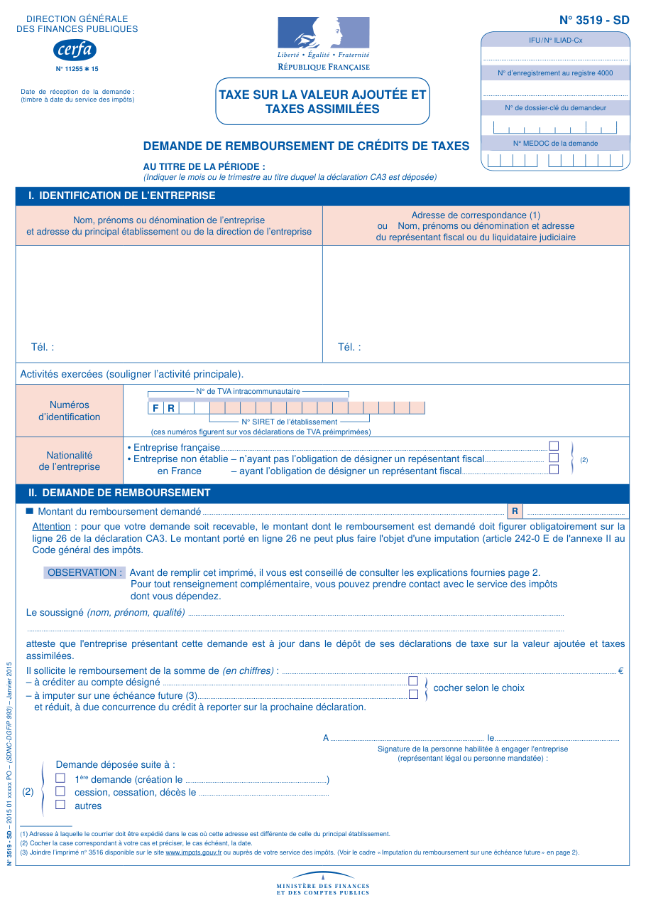 Page 1 du formulaire impots.gouv.fr n° 3519-SD — Demander le remboursement d'un crédit de TVA
