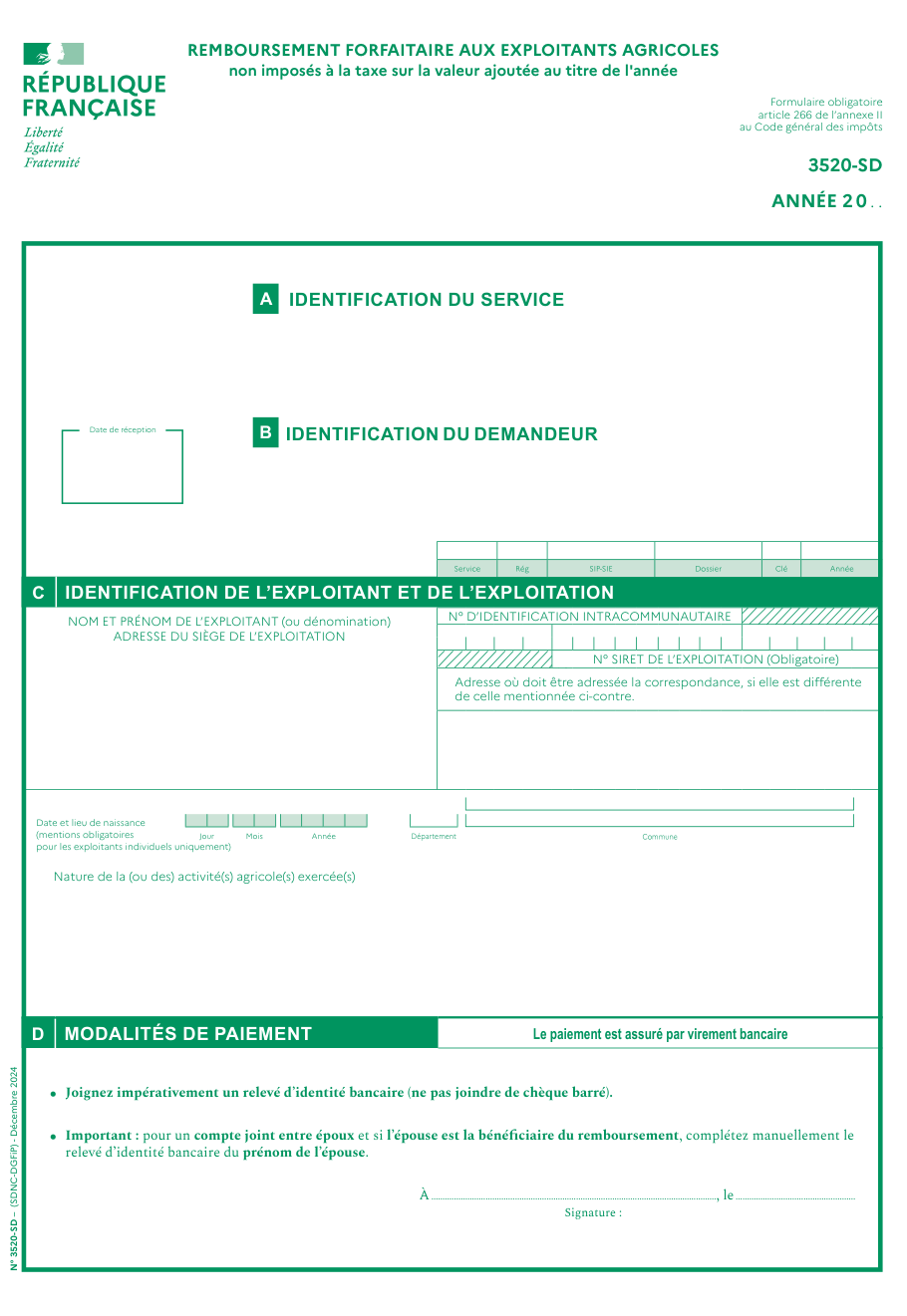 Page 1 du formulaire impots.gouv.fr n° 3520-SD — Demander le remboursement forfaitaire de TVA comme exploitant agricole