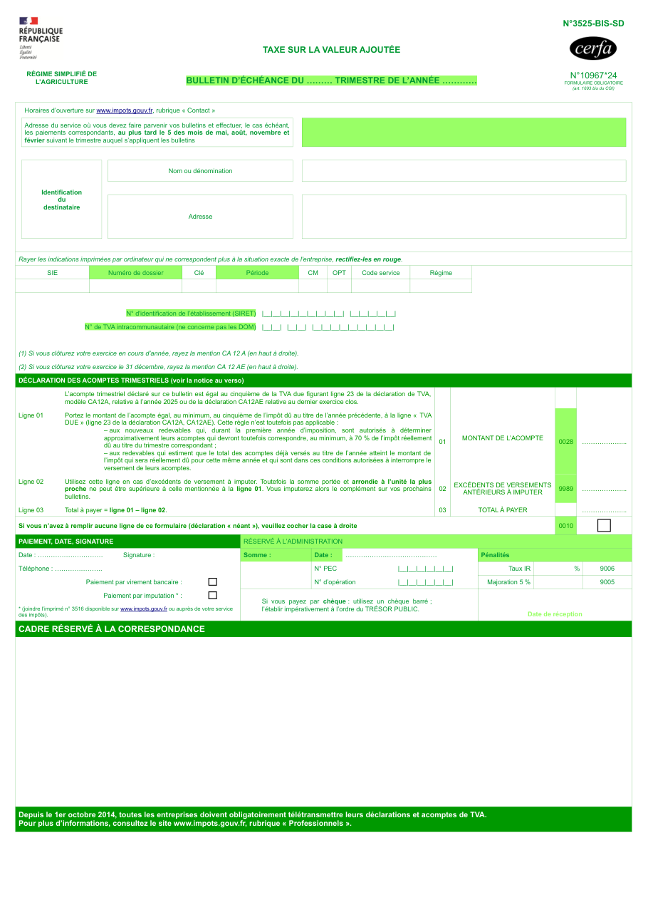 Page 1 du formulaire impots.gouv.fr n° 3525-BIS — Verser un acompte trimestriel de TVA au régime simplifié agricole