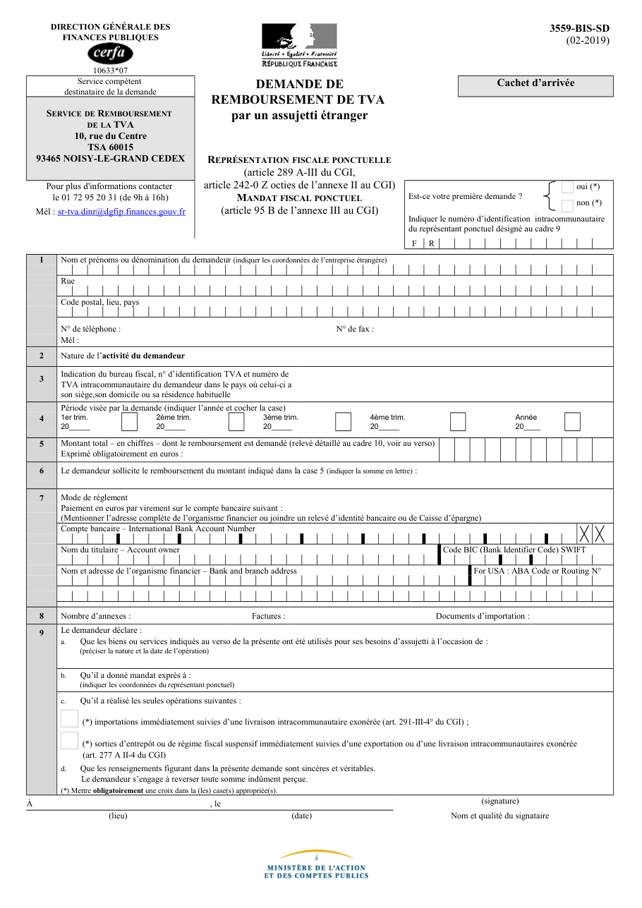 Page 1 du formulaire impots.gouv.fr n° 3559-BIS-SD — Demander le remboursement de TVA pour un assujetti étranger