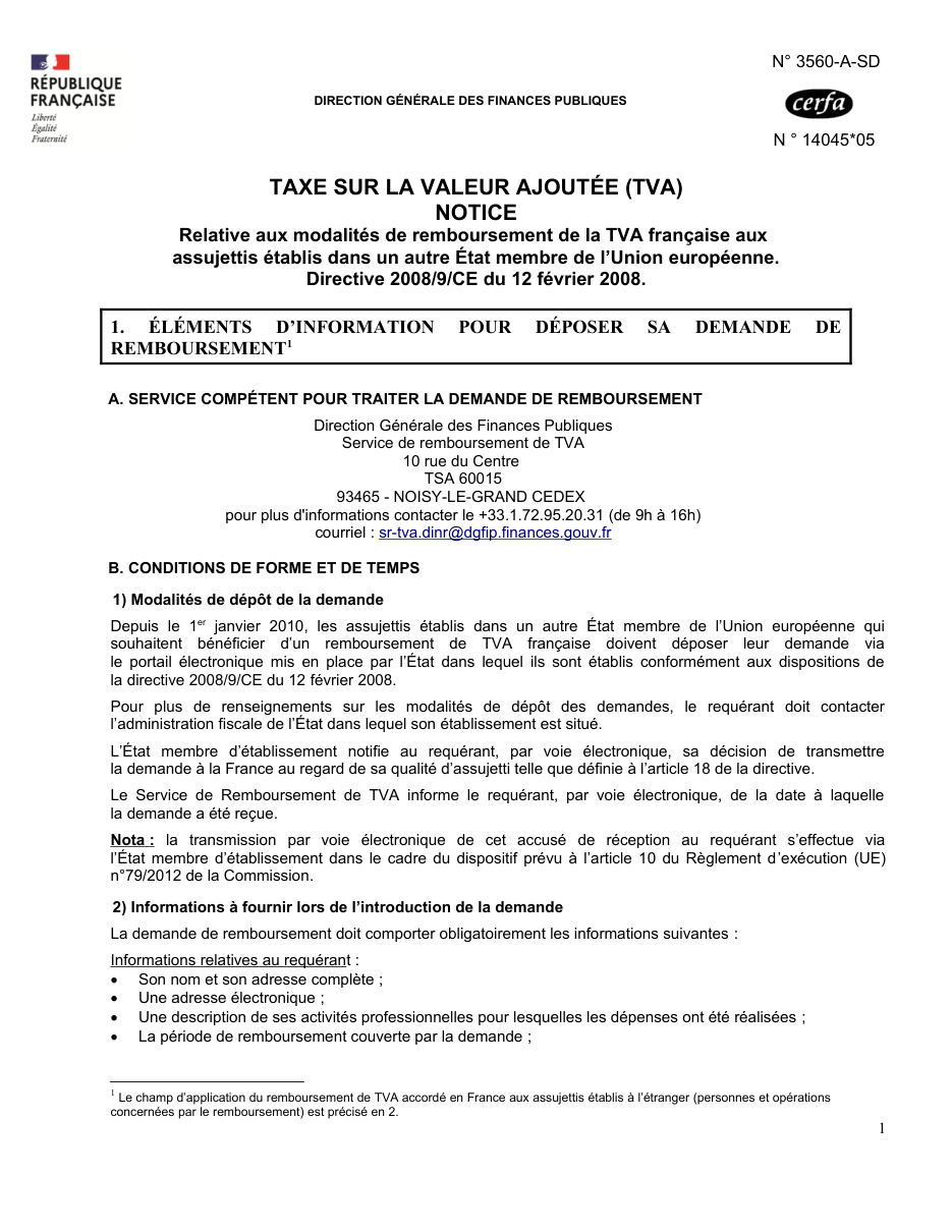Page 1 du formulaire impots.gouv.fr n° 3560-A-SD — Comprendre le remboursement de la TVA française à un assujetti européen