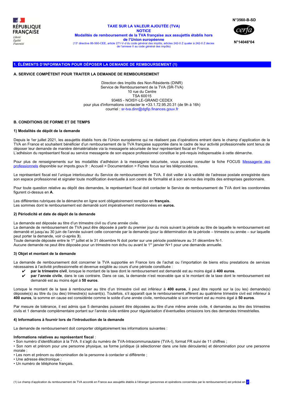 Page 1 du formulaire impots.gouv.fr n° 3560-B-SD — Comprendre le remboursement de la TVA française à un assujetti hors Union européenne