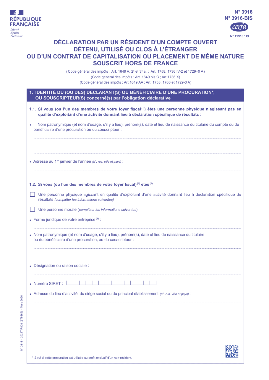 Page 1 du formulaire impots.gouv.fr n° 3916 — Déclarer un compte ouvert, détenu ou clos à l'étranger