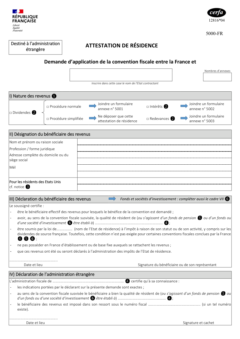 Page 1 du formulaire impots.gouv.fr n° 5000-FR-SD — Faire appliquer une convention fiscale par une attestation de résidence