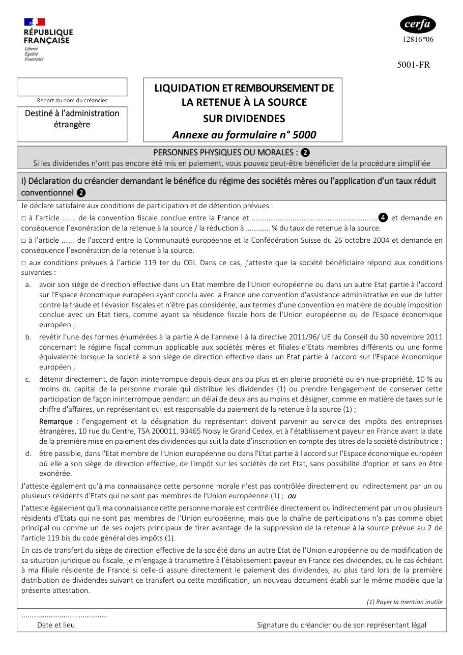 Page 1 du formulaire impots.gouv.fr n° 5001-FR — Liquider ou faire rembourser la retenue à la source sur des dividendes