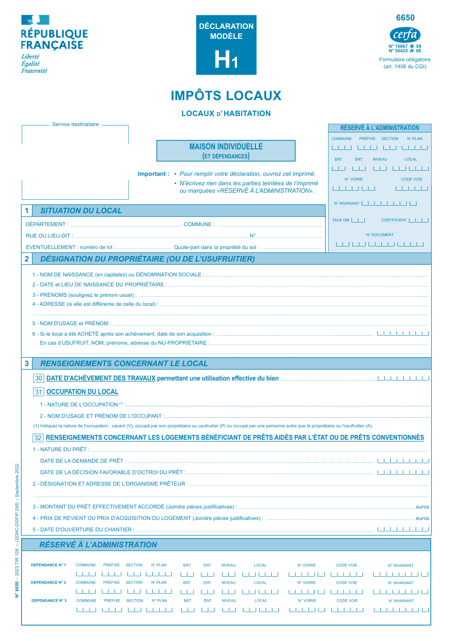 Page 1 du formulaire impots.gouv.fr n° 6650 — Déclarer une maison individuelle aux impôts locaux (modèle H1)