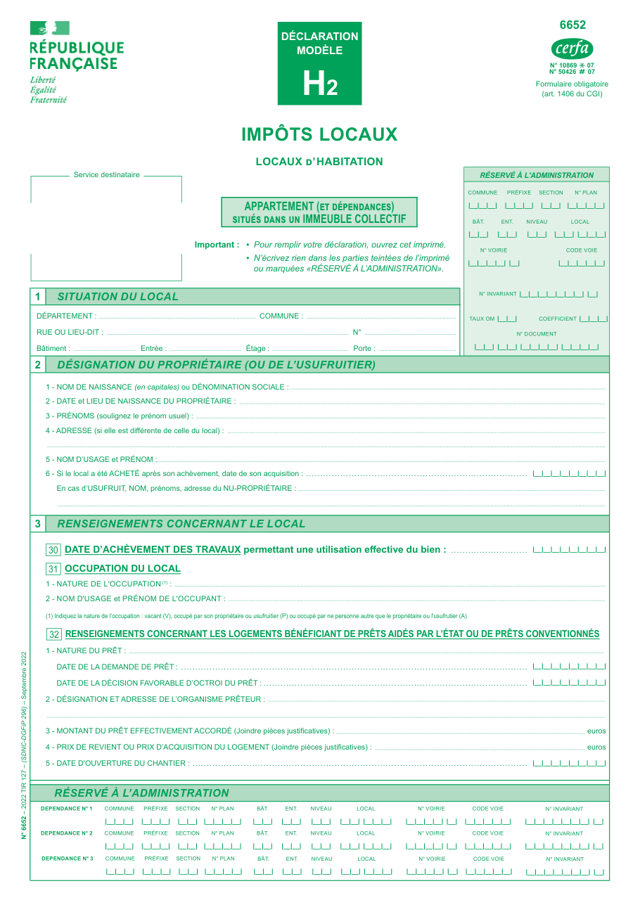 Page 1 du formulaire impots.gouv.fr n° 6652 — Déclarer un appartement aux impôts locaux (modèle H2)