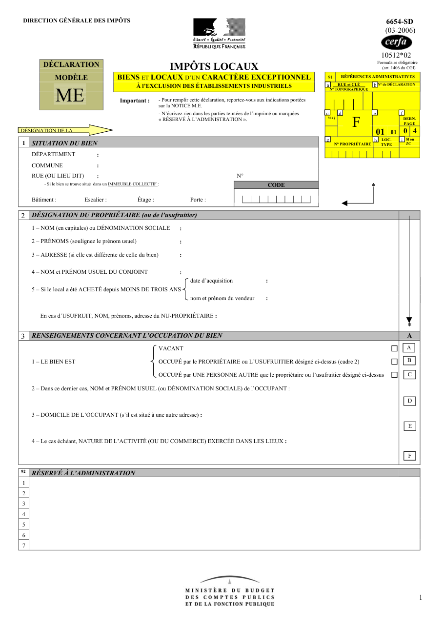 Page 1 du formulaire impots.gouv.fr n° 6654-SD — Déclarer un bien d'un caractère exceptionnel aux impôts locaux