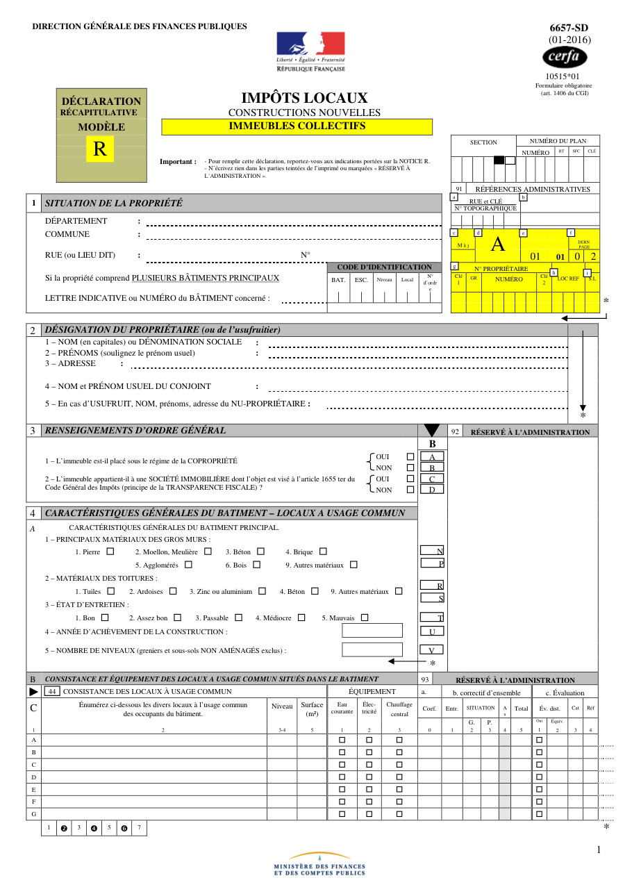 Page 1 du formulaire impots.gouv.fr n° 6657-SD — Déclarer un immeuble collectif neuf aux impôts locaux (modèle R)