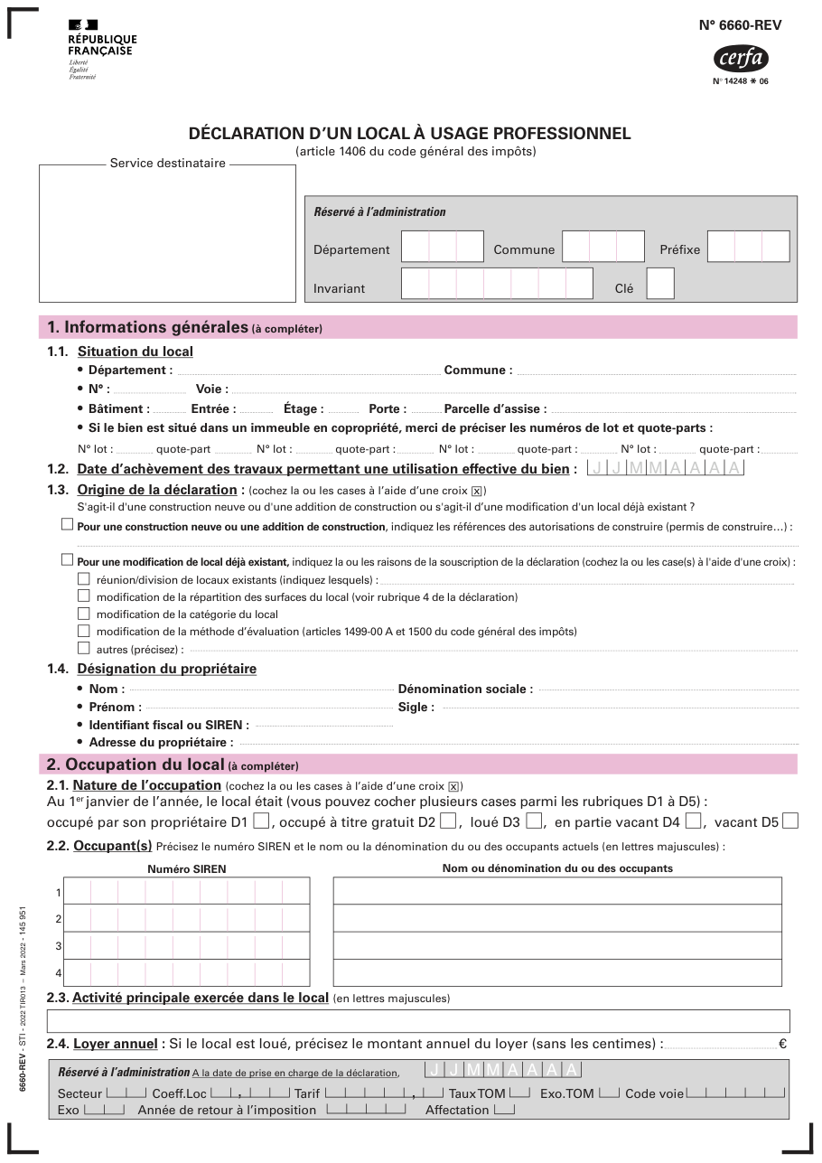 Page 1 du formulaire impots.gouv.fr n° 6660-REV — Déclarer un local à usage professionnel aux impôts fonciers