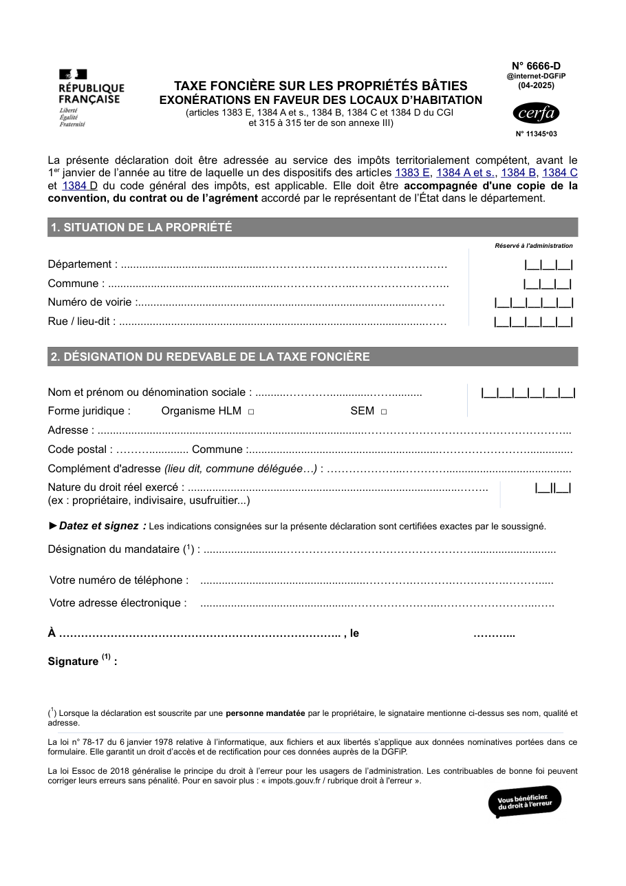 Page 1 du formulaire impots.gouv.fr n° 6666-D — Demander une exonération de taxe foncière pour des locaux d'habitation