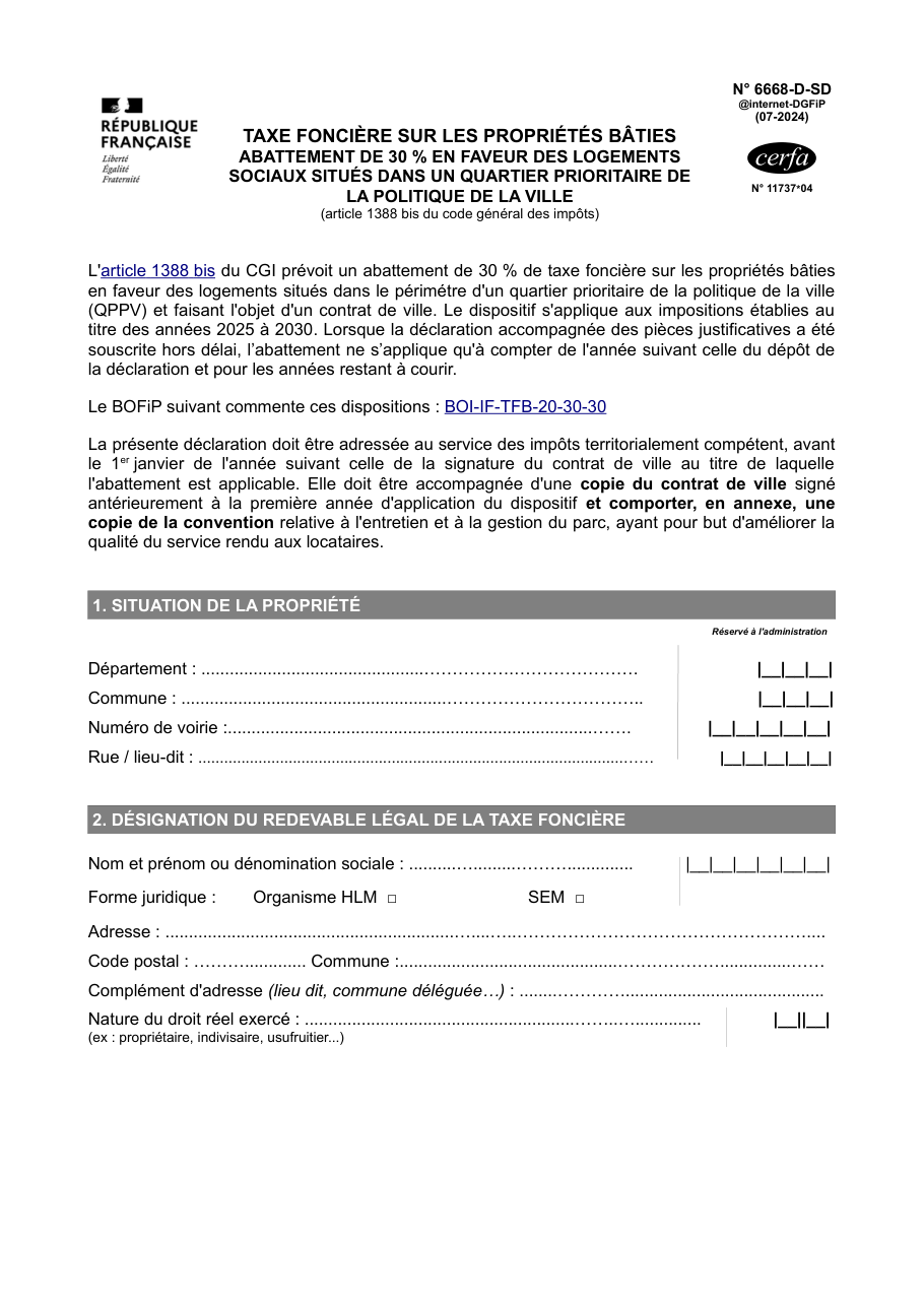Page 1 du formulaire impots.gouv.fr n° 6668-D-SD — Demander l'abattement de taxe foncière pour des logements sociaux en quartier prioritaire
