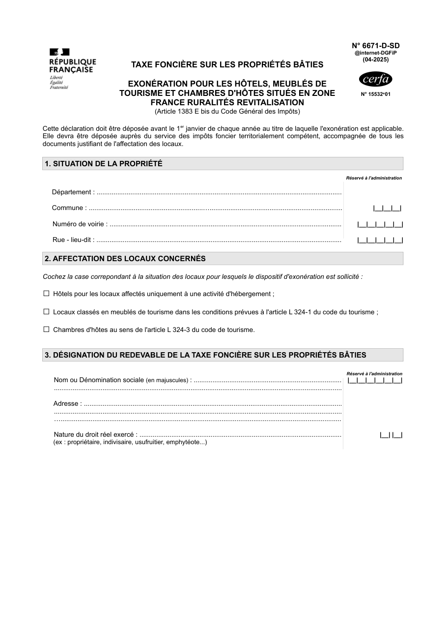 Page 1 du formulaire impots.gouv.fr n° 6671-D-SD — Demander l'exonération de taxe foncière pour un hôtel ou un meublé de tourisme en zone rurale