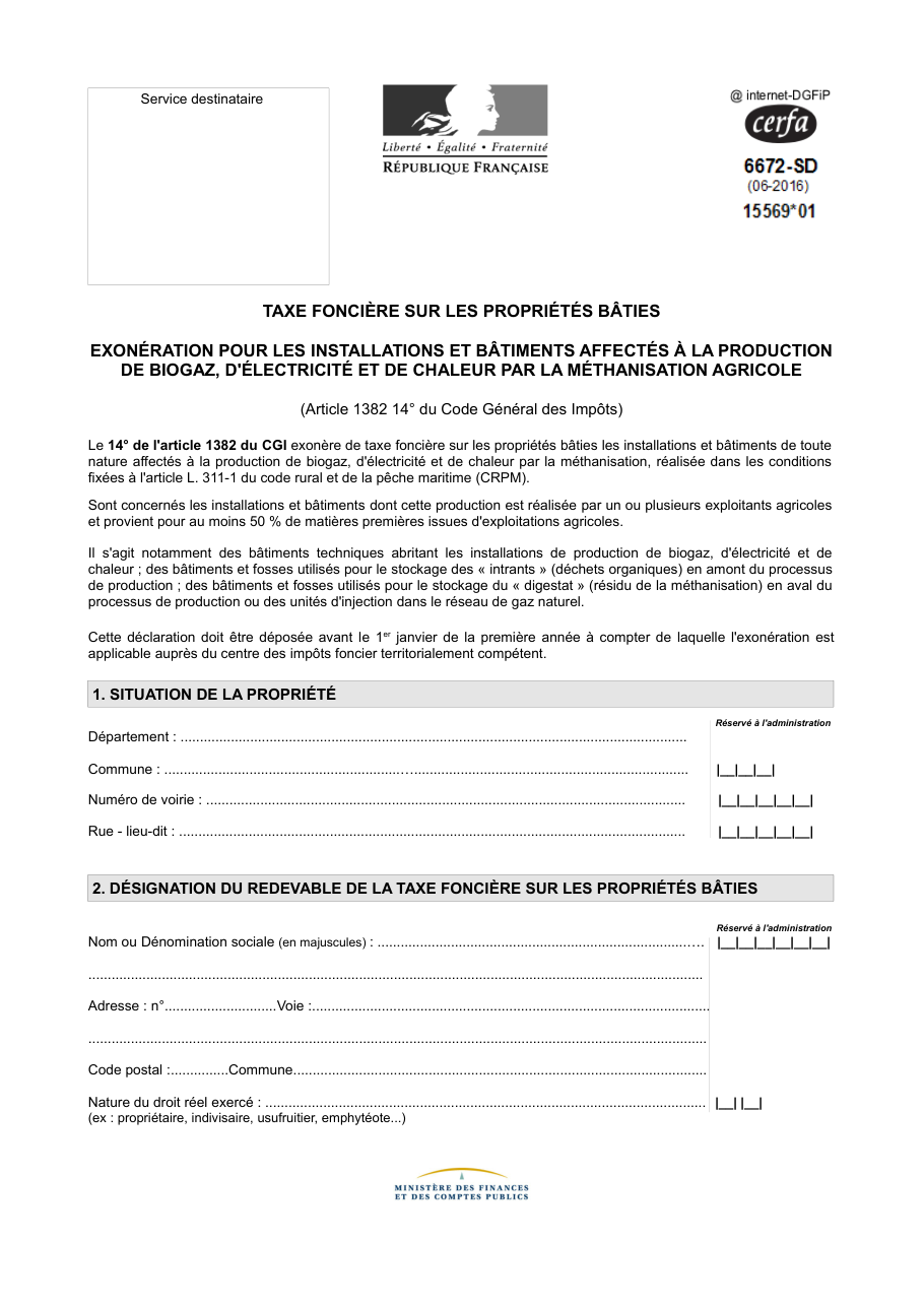 Page 1 du formulaire impots.gouv.fr n° 6672-SD — Demander l'exonération de taxe foncière pour une unité de méthanisation
