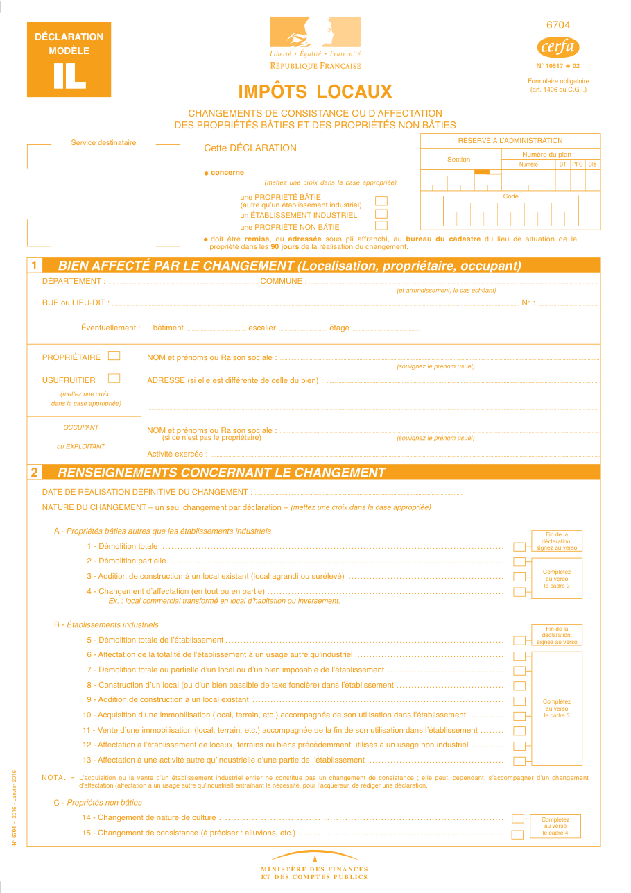 Page 1 du formulaire impots.gouv.fr n° 6704 — Déclarer un changement de consistance ou d'affectation d'une propriété