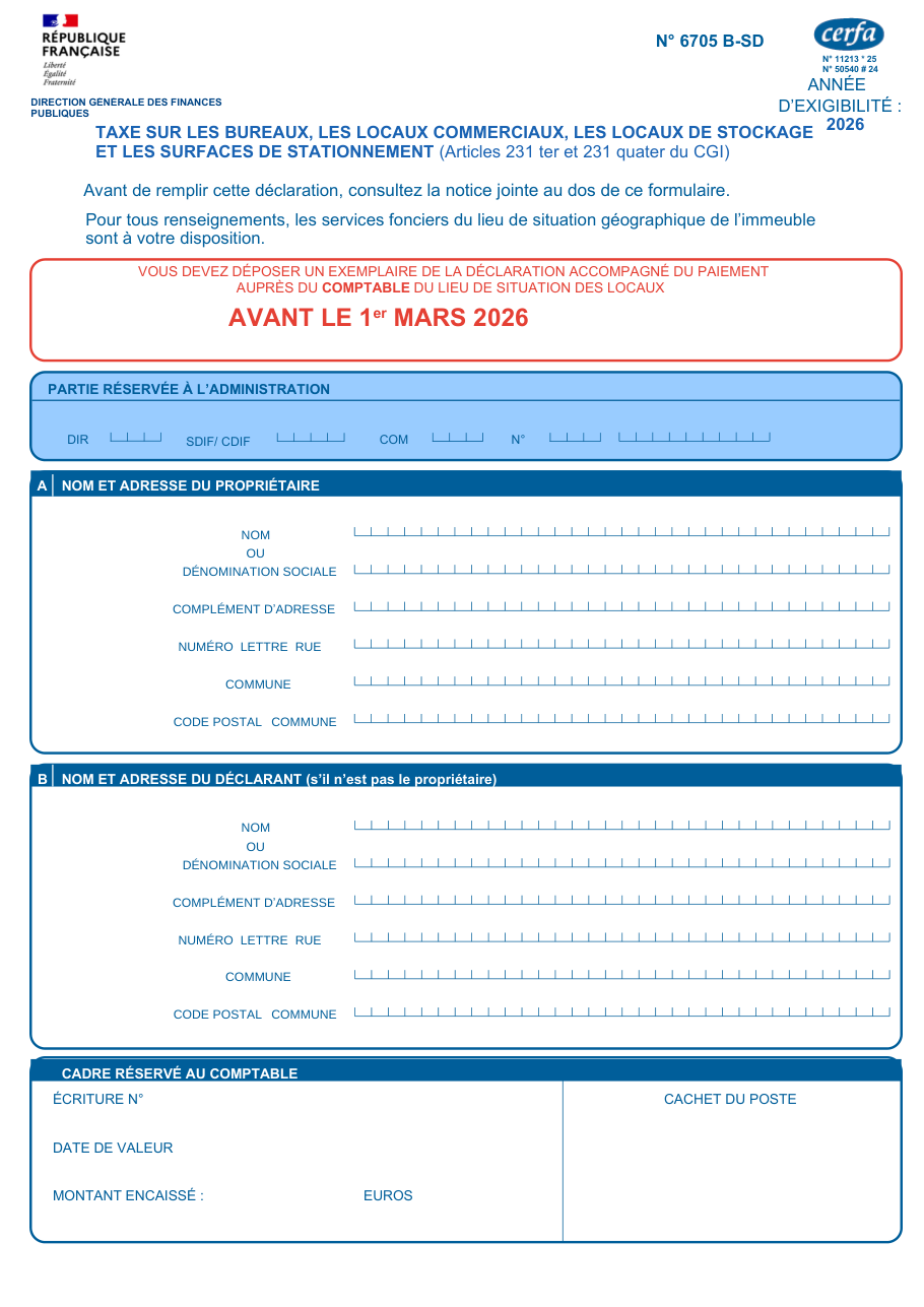 Page 1 du formulaire impots.gouv.fr n° 6705-B — Déclarer et payer la taxe sur les bureaux et locaux commerciaux