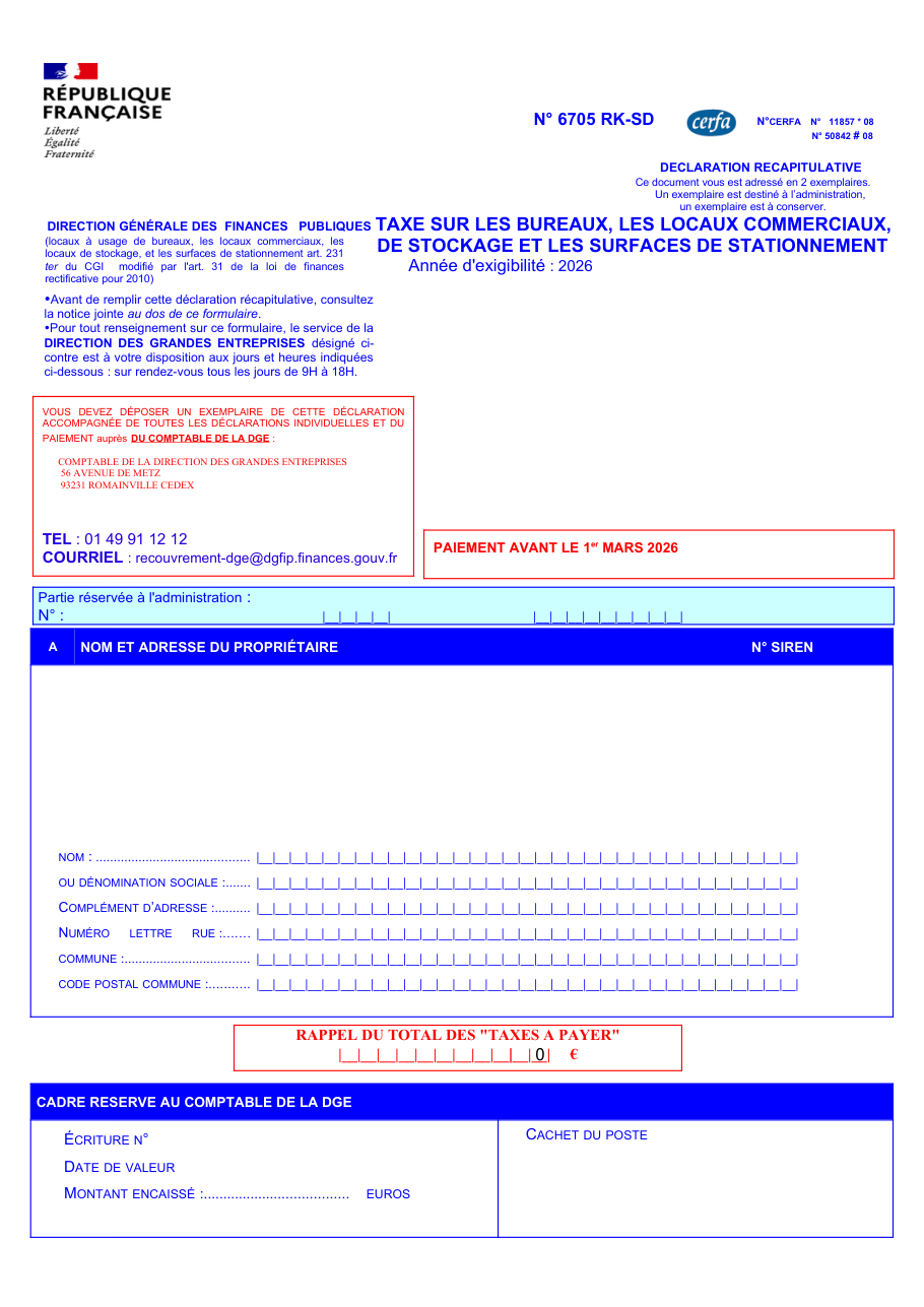 Page 1 du formulaire impots.gouv.fr n° 6705-RK-SD — Déclarer la taxe sur les bureaux, locaux commerciaux, de stockage et surfaces de stationnement