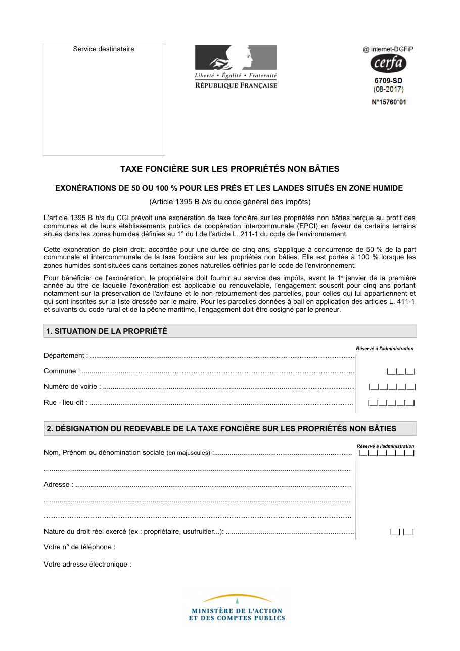 Page 1 du formulaire impots.gouv.fr n° 6709-SD — Demander l'exonération de taxe foncière pour des prés et landes en zone humide