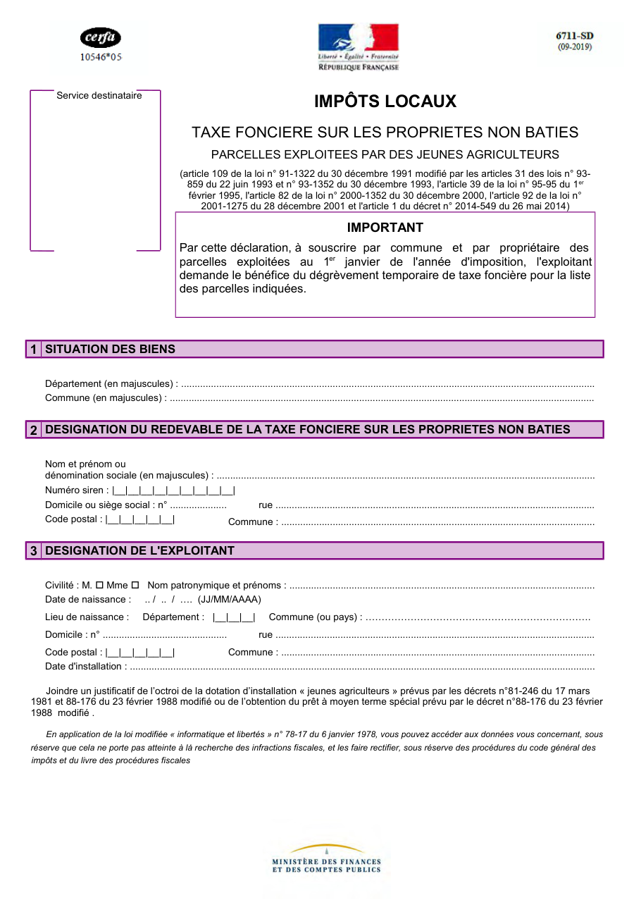Page 1 du formulaire impots.gouv.fr n° 6711-SD — Demander le dégrèvement de taxe foncière pour un jeune agriculteur