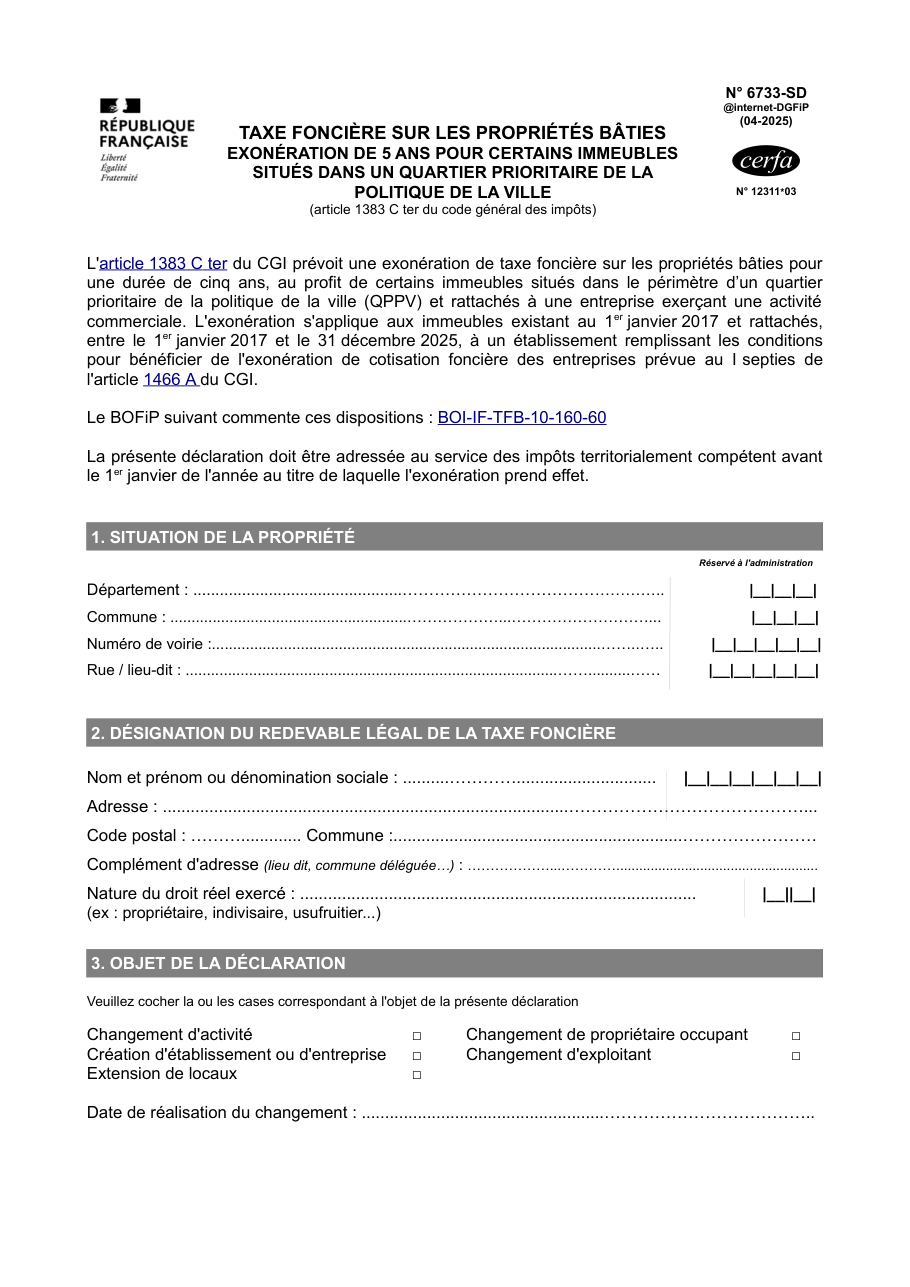 Page 1 du formulaire impots.gouv.fr n° 6733-SD — Demander l'exonération de taxe foncière pour un commerce en quartier prioritaire