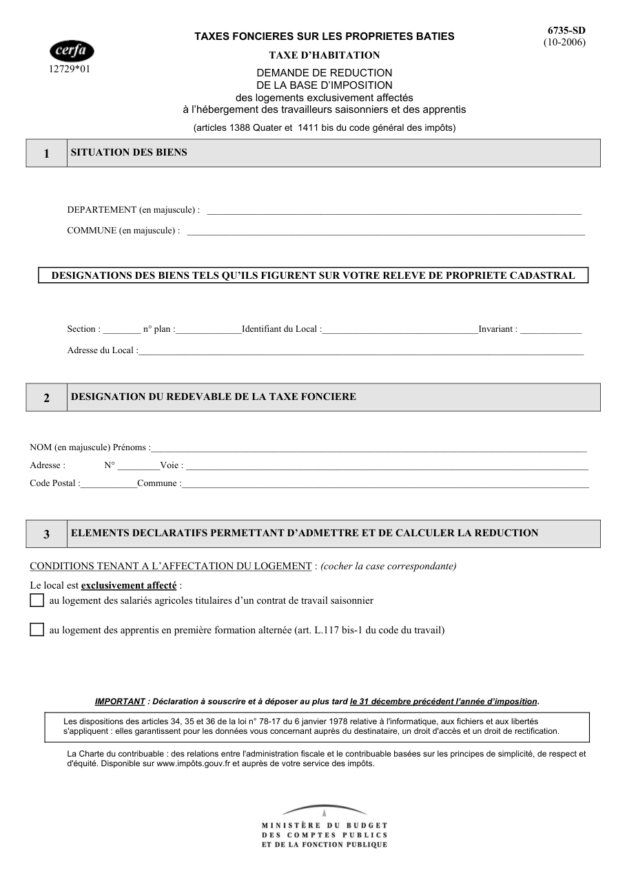 Page 1 du formulaire impots.gouv.fr n° 6735-SD — Demander la réduction de base pour des logements de saisonniers ou d'apprentis