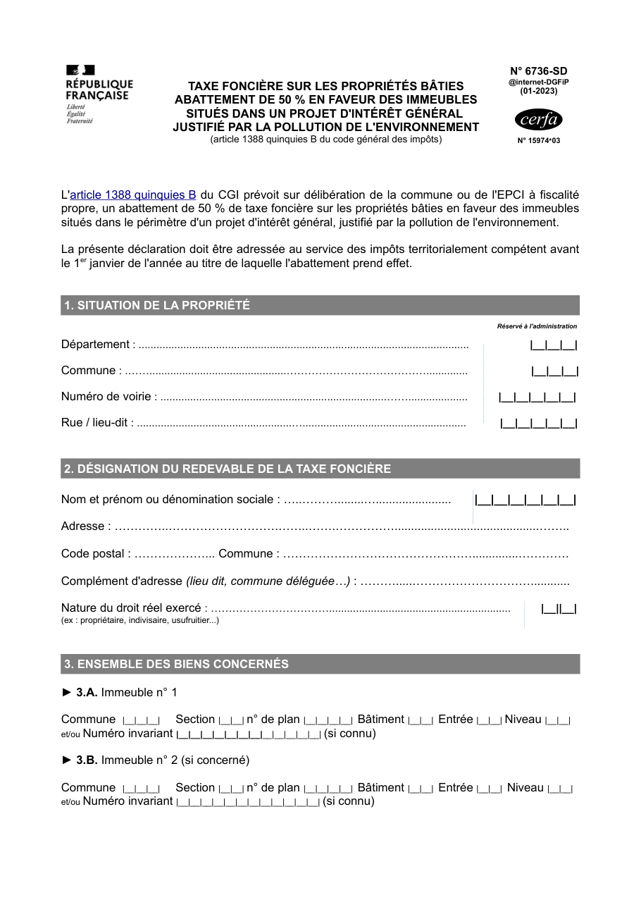 Page 1 du formulaire impots.gouv.fr n° 6736-SD — Demander l'abattement de taxe foncière dans un périmètre de pollution