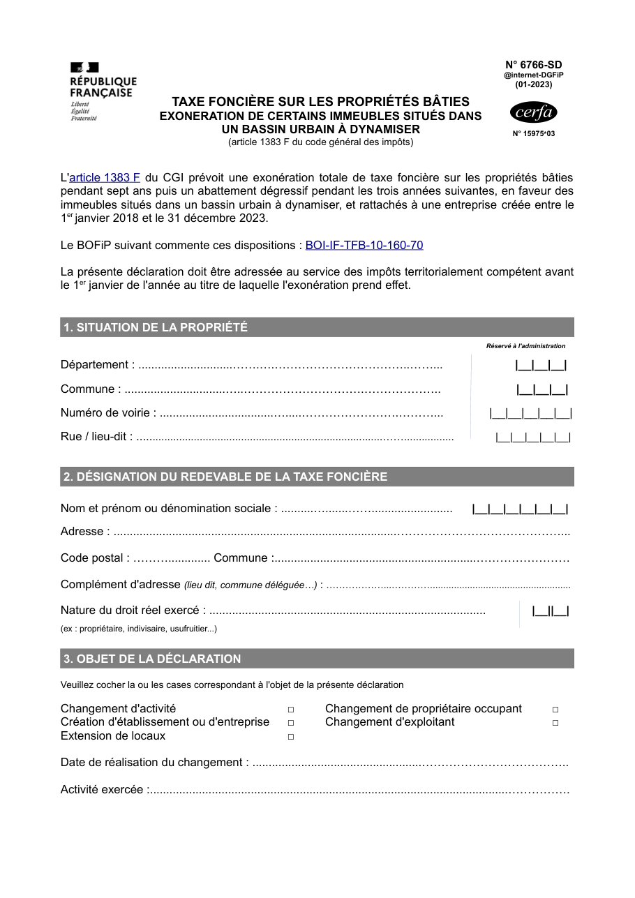 Page 1 du formulaire impots.gouv.fr n° 6766-SD — Demander l'exonération de taxe foncière dans un bassin urbain à dynamiser