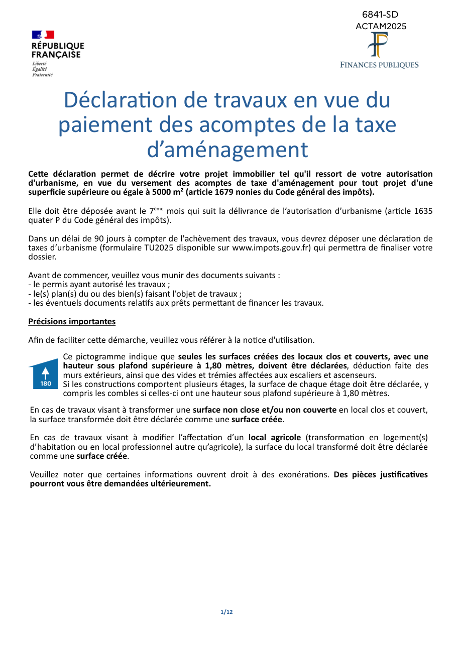 Page 1 du formulaire impots.gouv.fr n° 6841-SD — Déclarer son projet pour les acomptes de taxe d'aménagement