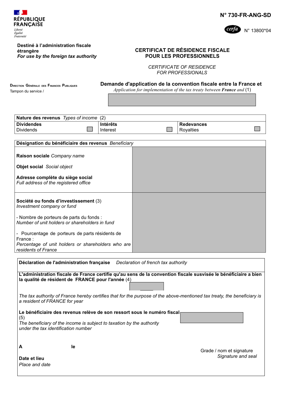 Page 1 du formulaire impots.gouv.fr n° 730-FR-ANG-SD — Obtenir un certificat de résidence fiscale pour un professionnel
