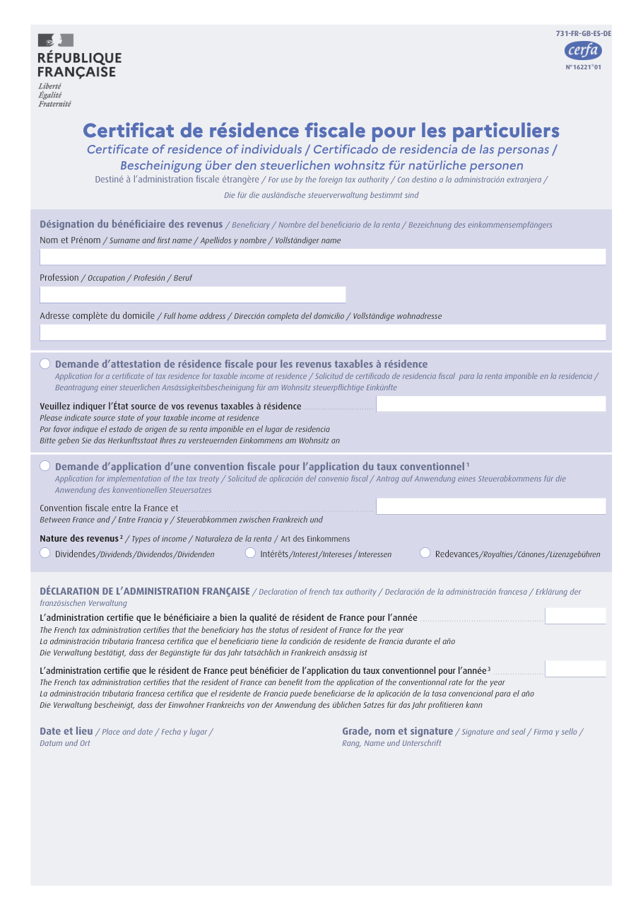 Page 1 du formulaire impots.gouv.fr n° 731 — Obtenir un certificat de résidence fiscale en France