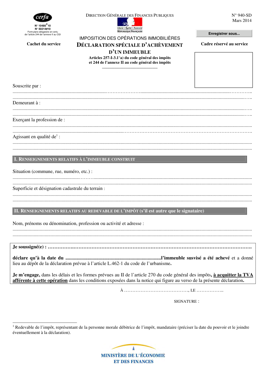 Page 1 du formulaire impots.gouv.fr n° 940-SD — Déclarer l'achèvement d'un immeuble pour la livraison à soi-même