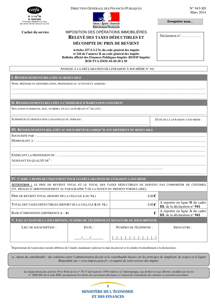 Page 1 du formulaire impots.gouv.fr n° 943-SD — Relever les taxes déductibles et le prix de revient d'un immeuble construit