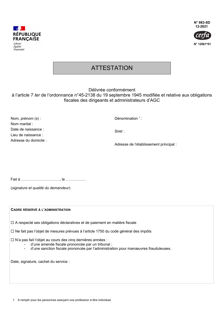 Page 1 du formulaire impots.gouv.fr n° 983-SD — Obtenir l'attestation fiscale exigée d'un dirigeant ou administrateur d'AGC