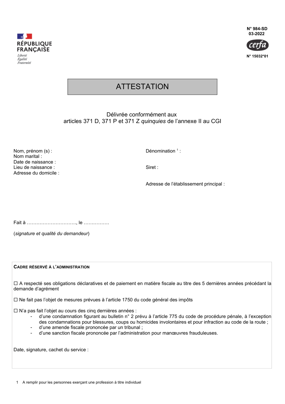 Page 1 du formulaire impots.gouv.fr n° 984-SD — Obtenir l'attestation fiscale exigée à l'appui d'une demande d'agrément